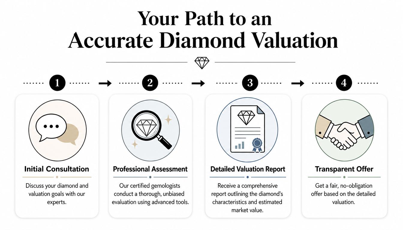 A four-step infographic illustrating the professional process for achieving an accurate diamond valuation and offer.