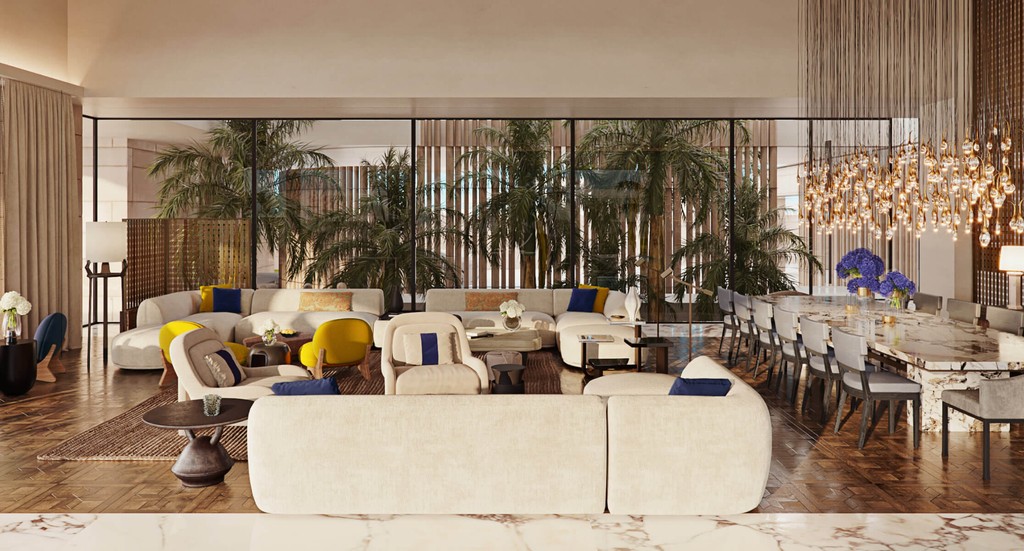 Modern hotel lobby in Dubai featuring a spacious dining area and contemporary design elements.