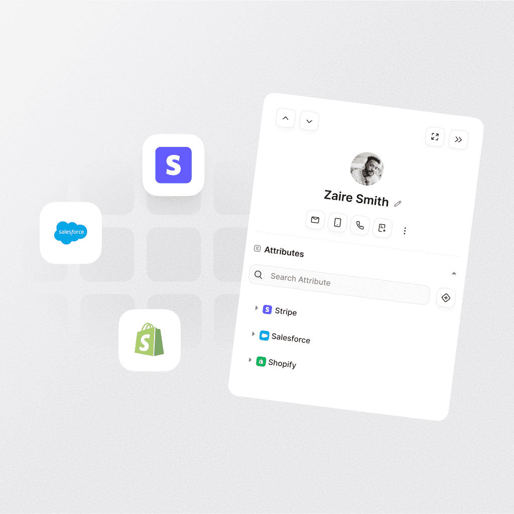Profile view of Zaire Smith with integrations from Stripe, Salesforce, and Shopify, displaying customer attributes and engagement details.
