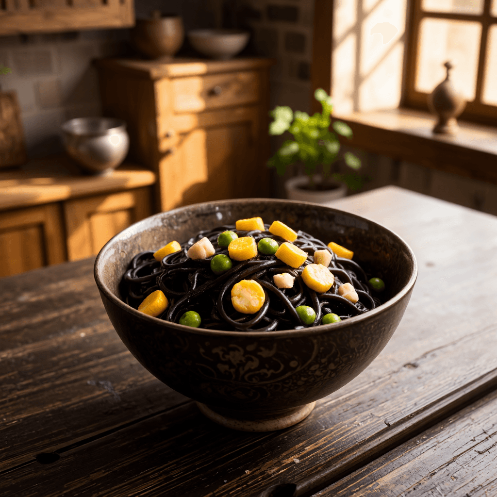 product photography of a bowl of black bean noodles with vegetables