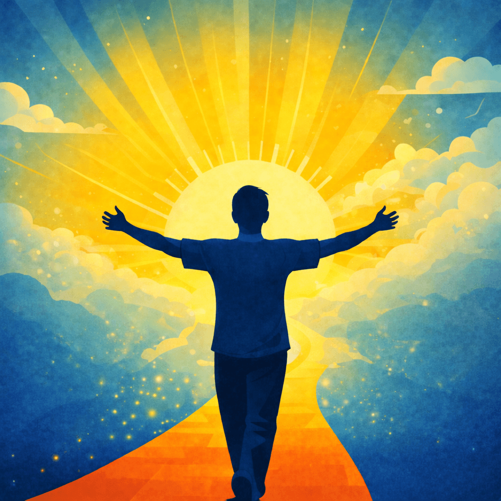 Man with arms outstretched walking towards a bright sun