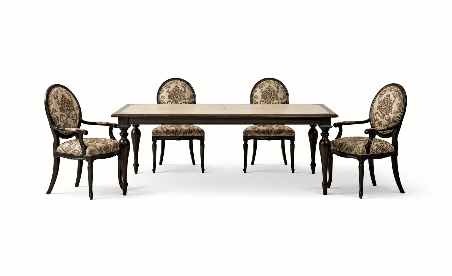 Dark wood dining table with ornate chairs, creating a rich and stately dining atmosphere