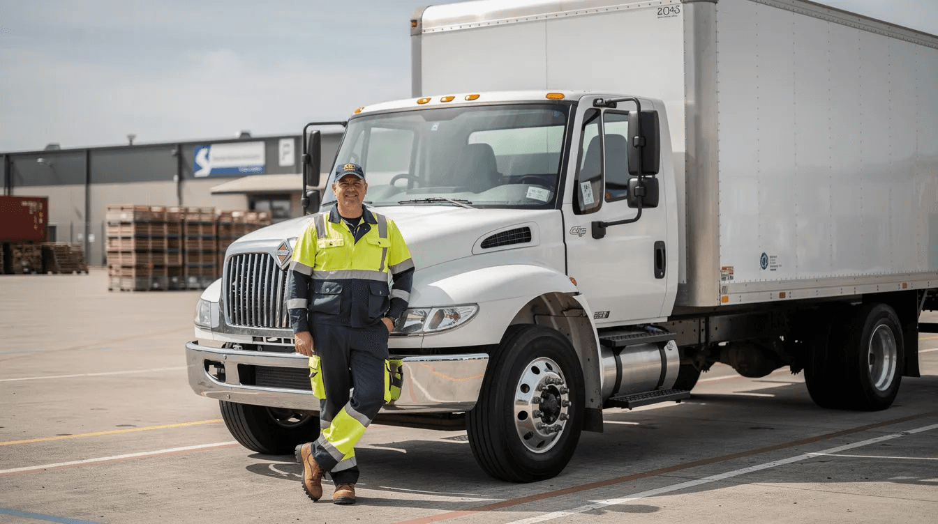 An owner-driver stands confidently next to a white rigid truck in an industrial yard, showcasing their established business. This scene highlights the importance of truck finance options for business growth and cash flow management in the transport industry.