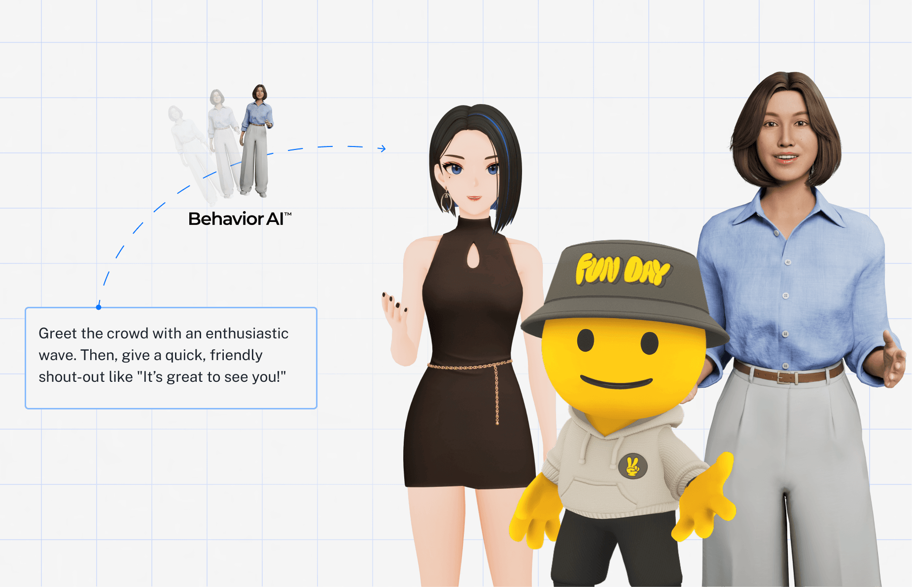 Three expressive 3D avatars, showcasing different personas and styles, powered by Perxona's Behavior AI™ technology.