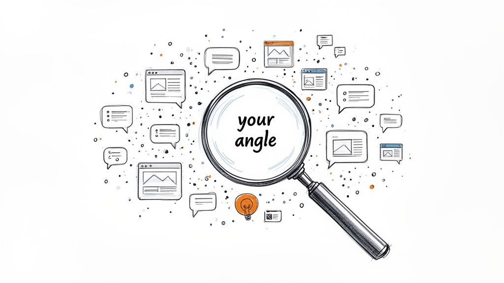 A magnifying glass highlighting 'your angle,' surrounded by various speech bubbles and web page icons, symbolizing unique perspective.
