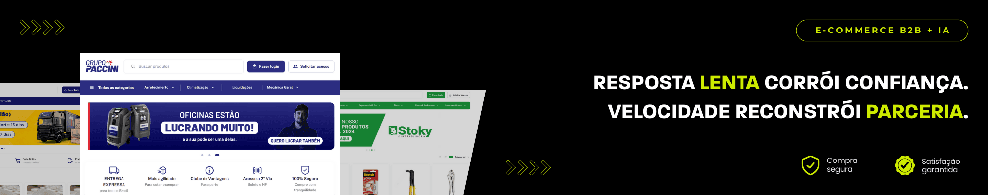 Banner horizontal com fundo escuro, ícones de segurança e satisfação, e imagens de lojas B2B exibidas à esquerda. Elementos gráficos em verde destacam o tema de e-commerce B2B com IA.