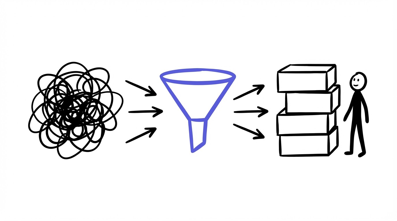 A simple hand-drawn diagram showing a messy cloud of information being funneled through an AI filter into organized, actionable blocks for a human to use.