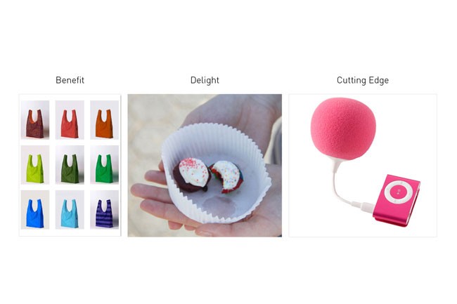 The image is divided into three sections. On the left, there are multiple small colorful containers labeled “Benefit,” showcasing various colors and designs. In the center, a hand holds a white paper cupcake liner containing two decorated cupcakes with white frosting and sprinkles. On the right, a pink iPod is connected to a white cord, labeled “Cutting Edge,” suggesting a music or media function.