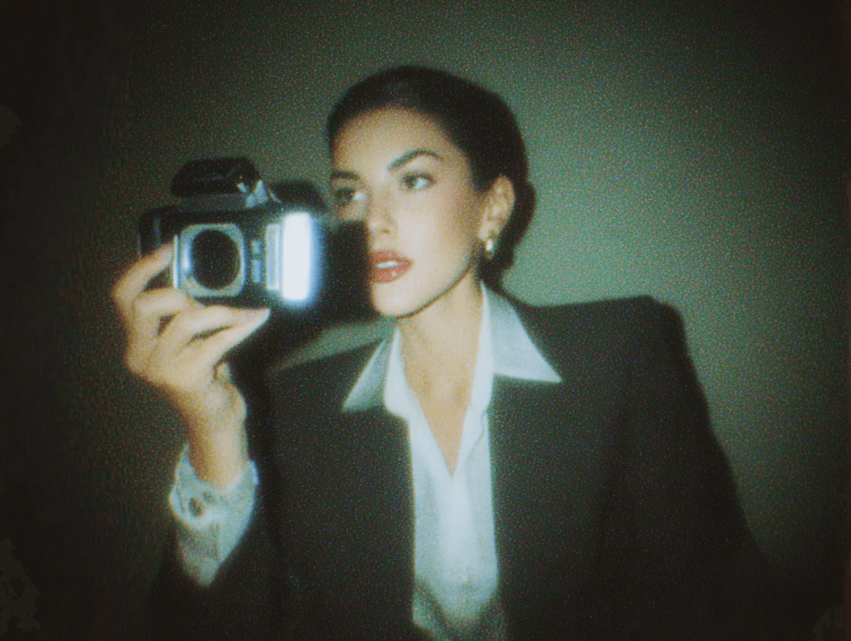 A girl with a camera in her hand. She is wearing a dark blazer, with a blue shirt underneath. 