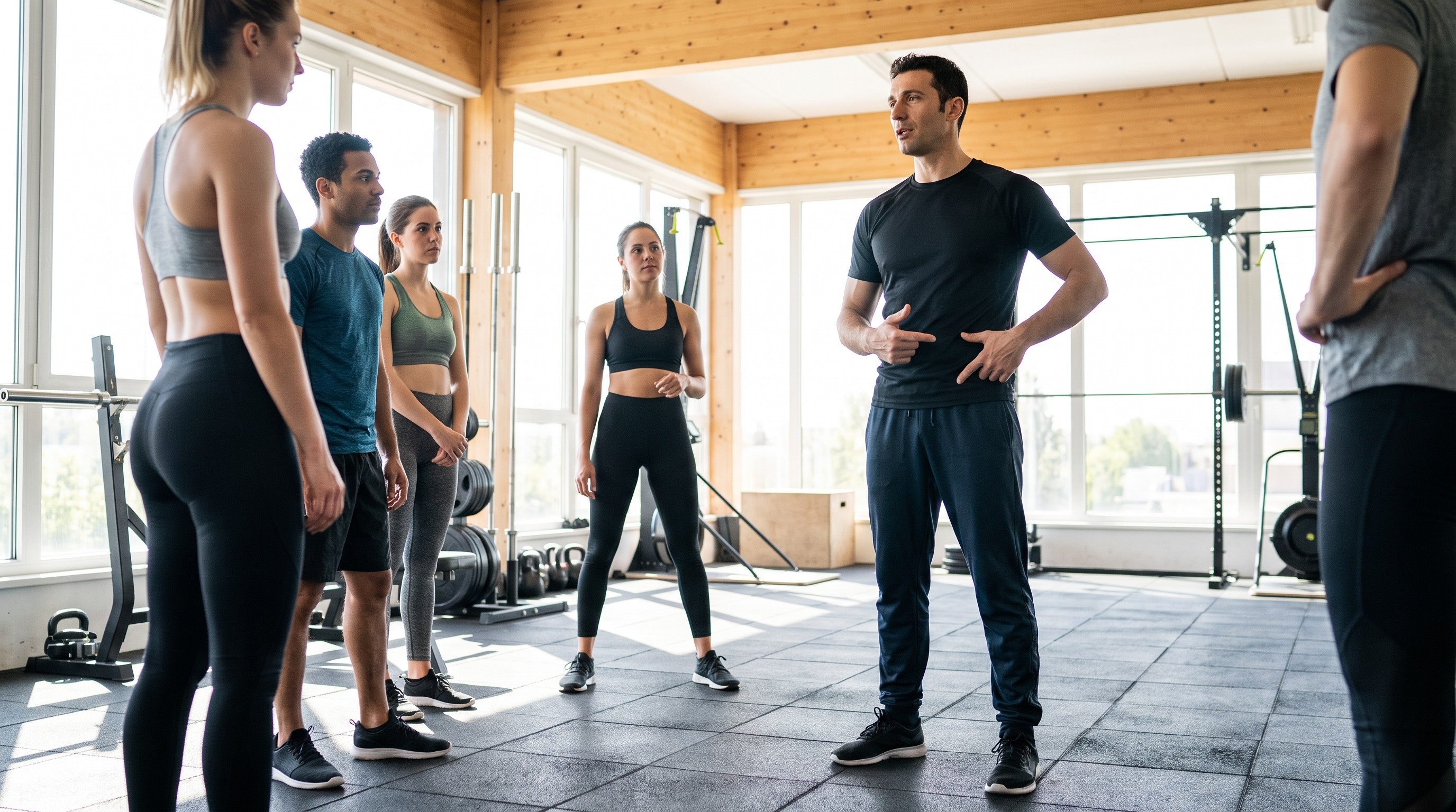 Istruttore di Fit-Boxe spiega la biomeccanica del pugno durante una lezione in palestra