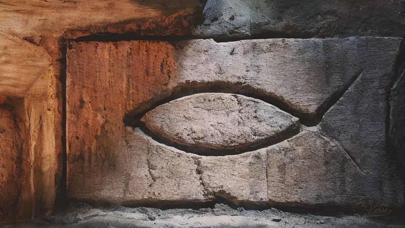 Sacred artwork by Faith and Verse. © Faith and Verse, 2026. All rights reserved. Early Christian ichthys symbol carved in stone, sign of identity in the Roman Empire.