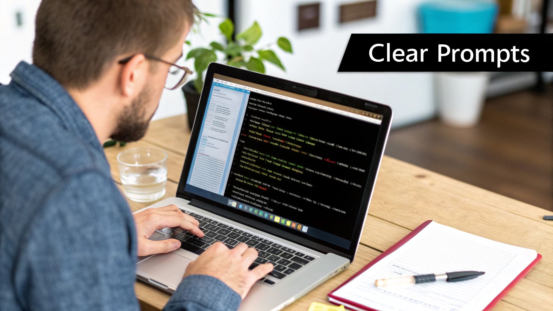 A person thoughtfully writing ideas on a digital tablet, symbolizing the process of crafting an AI prompt.