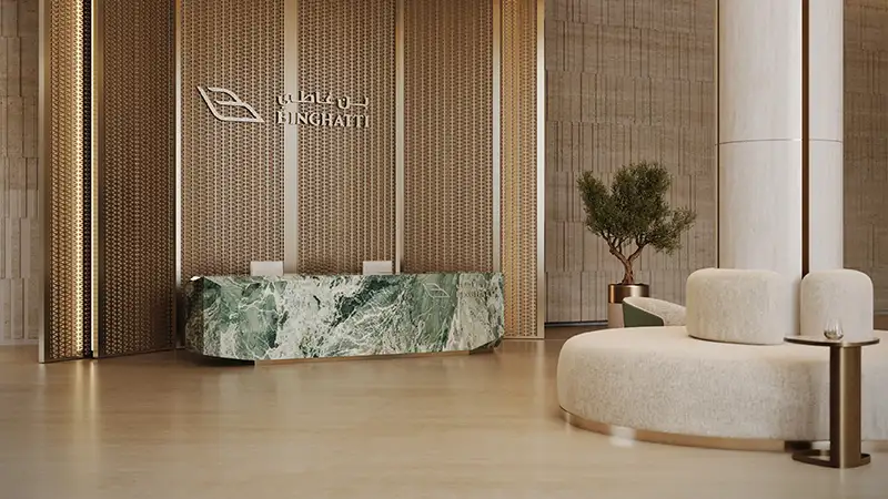 Modern reception desk at Binghatti Hillcrest. Start your property journey with our real estate experts.