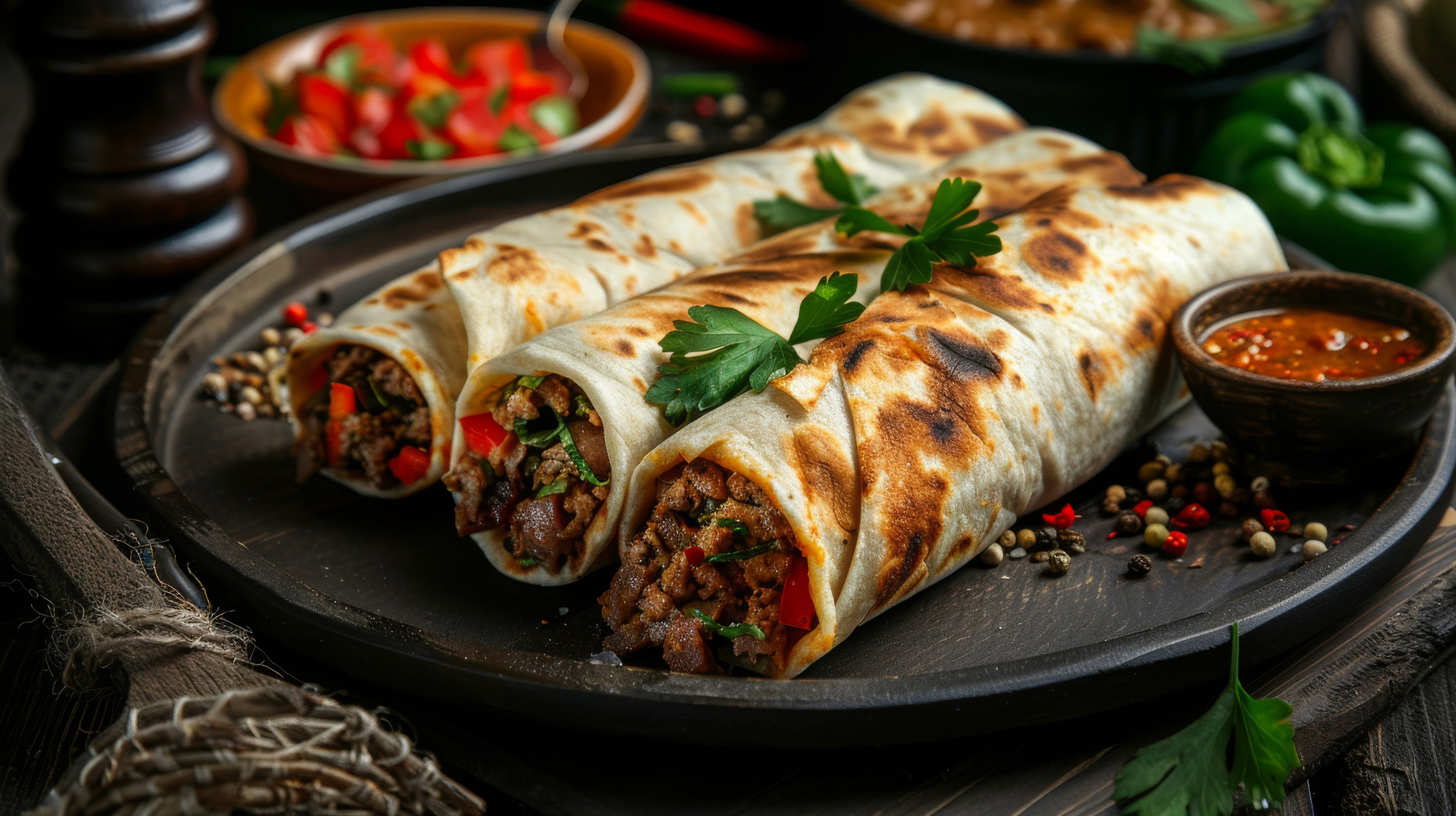Three thick, grilled burritos or wraps, filled with seasoned meat, visible vegetables, and herbs, served side-by-side on a dark plate with small bowls of salsa and diced tomatoes in the background.