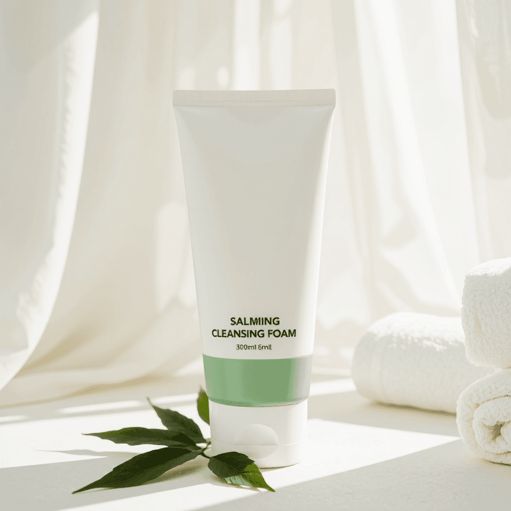 product photography of a tube of calming cleansing foam