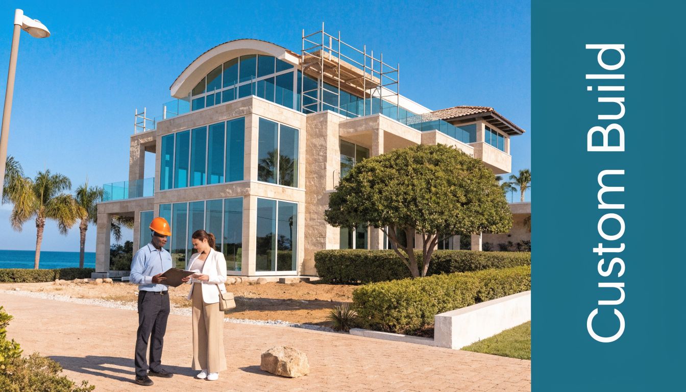 A construction manager and a client discussing building plans in front of a modern coastal luxury home.