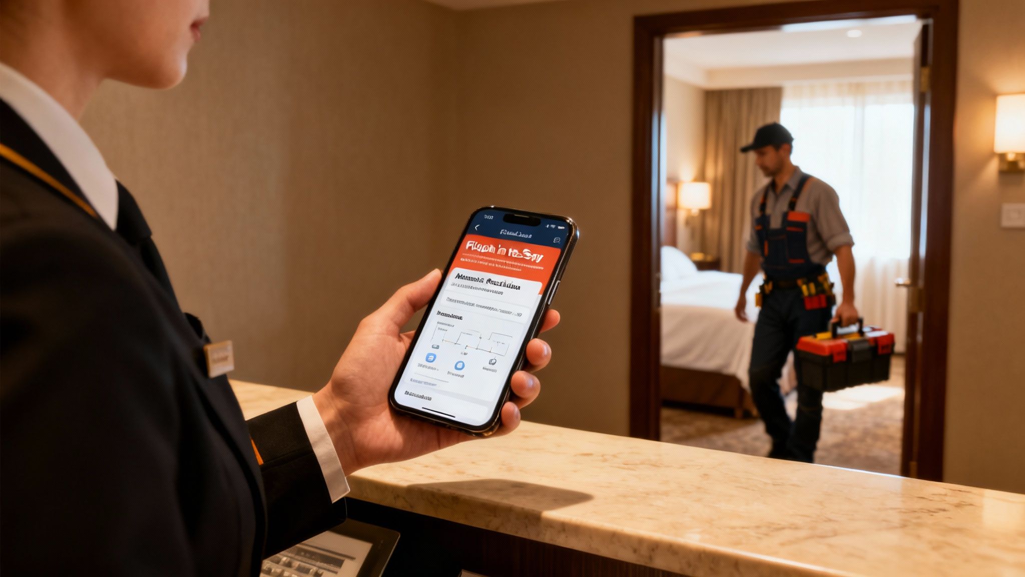Hotel staff uses a mobile app to manage services as a repairman enters a guest room.