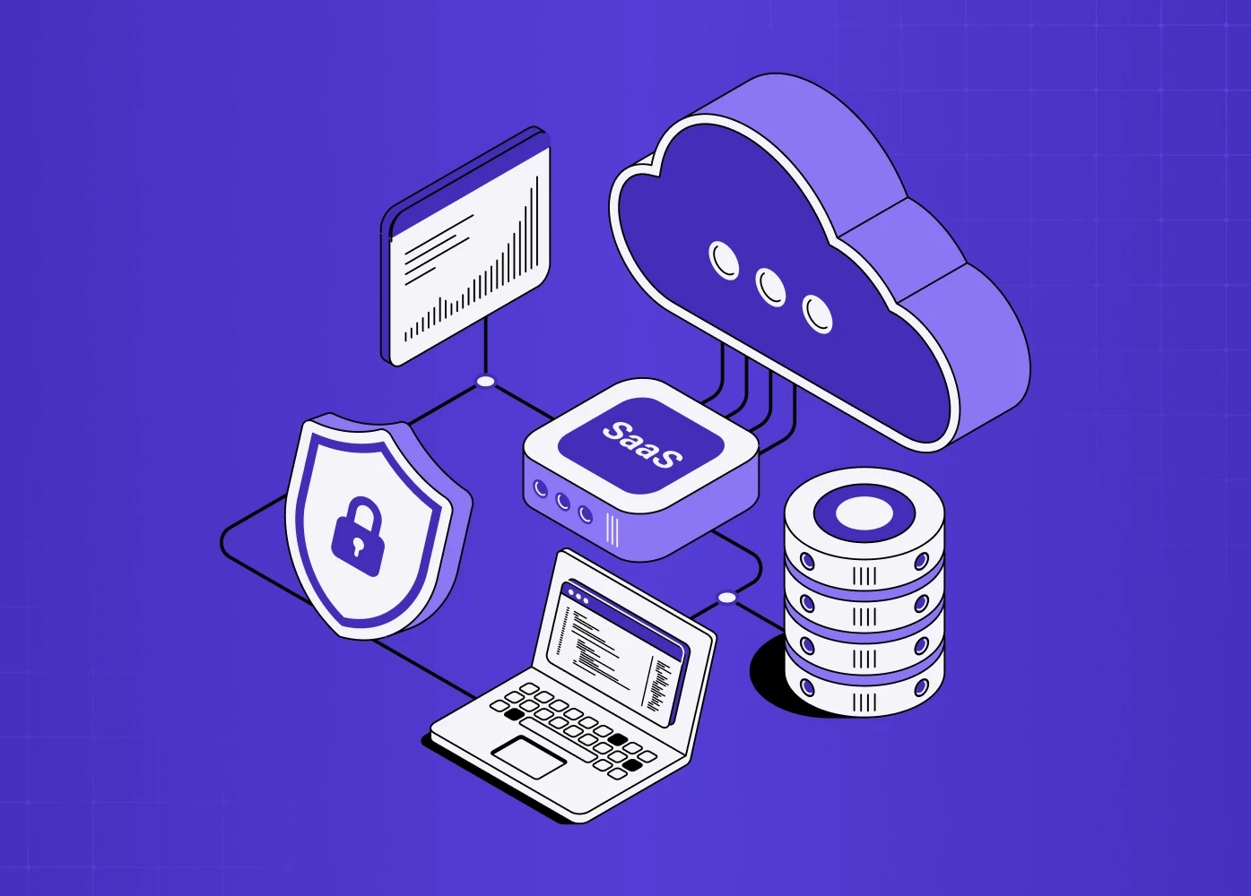 Isometric illustration of SaaS architecture with cloud, database, security, and connected systems. 