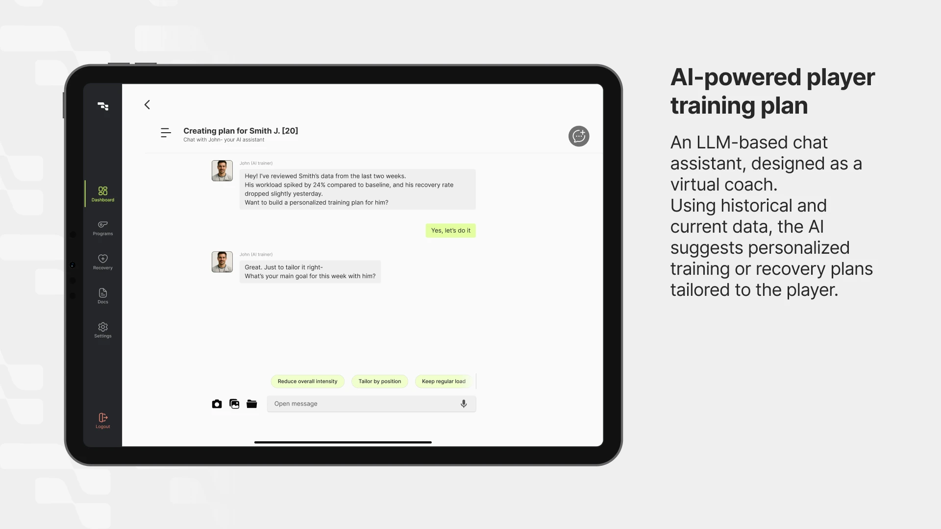 AI-powered player training plan screen