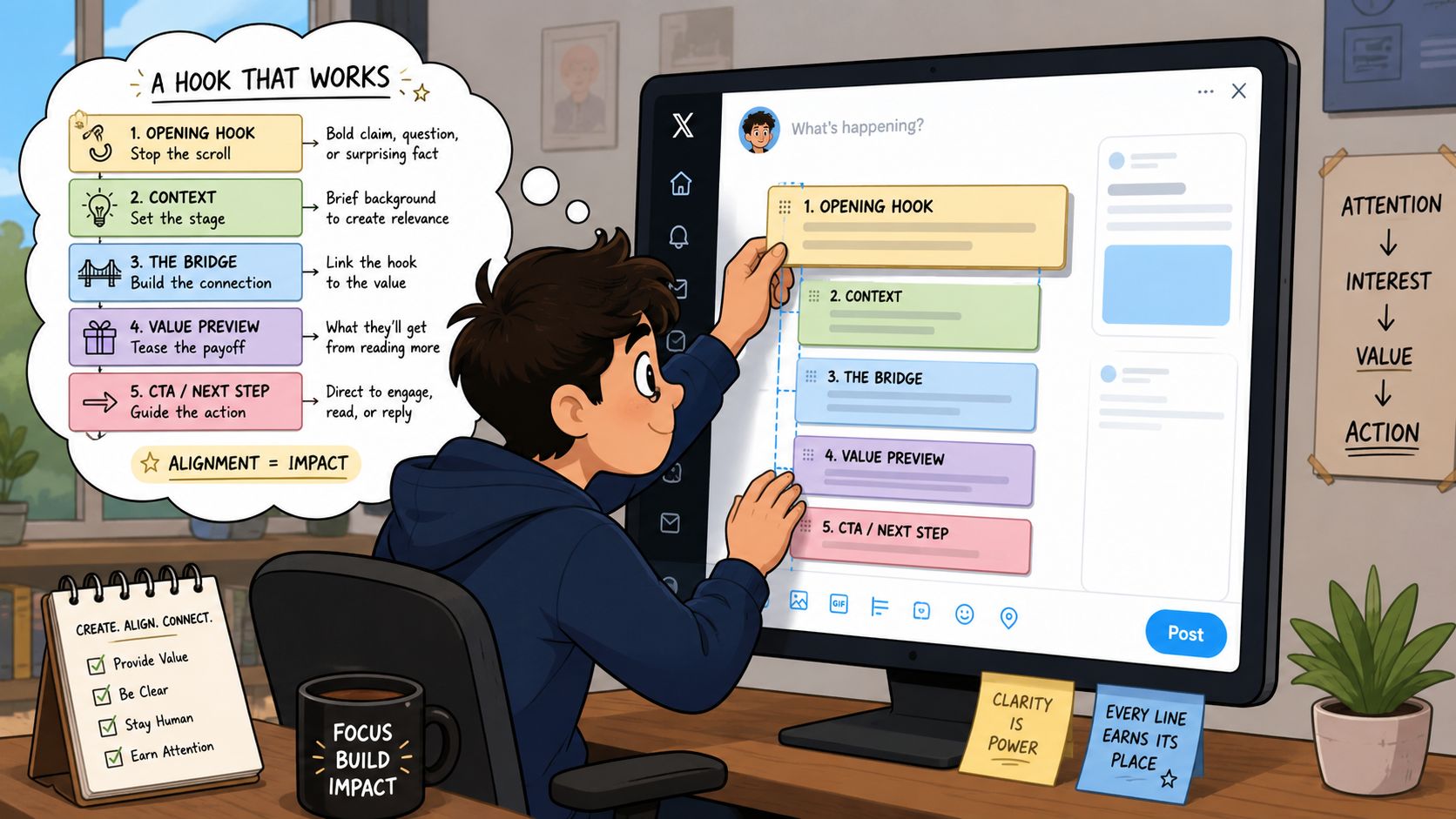 A digital illustration of a student organizing a structured post framework with five key steps on a monitor.
