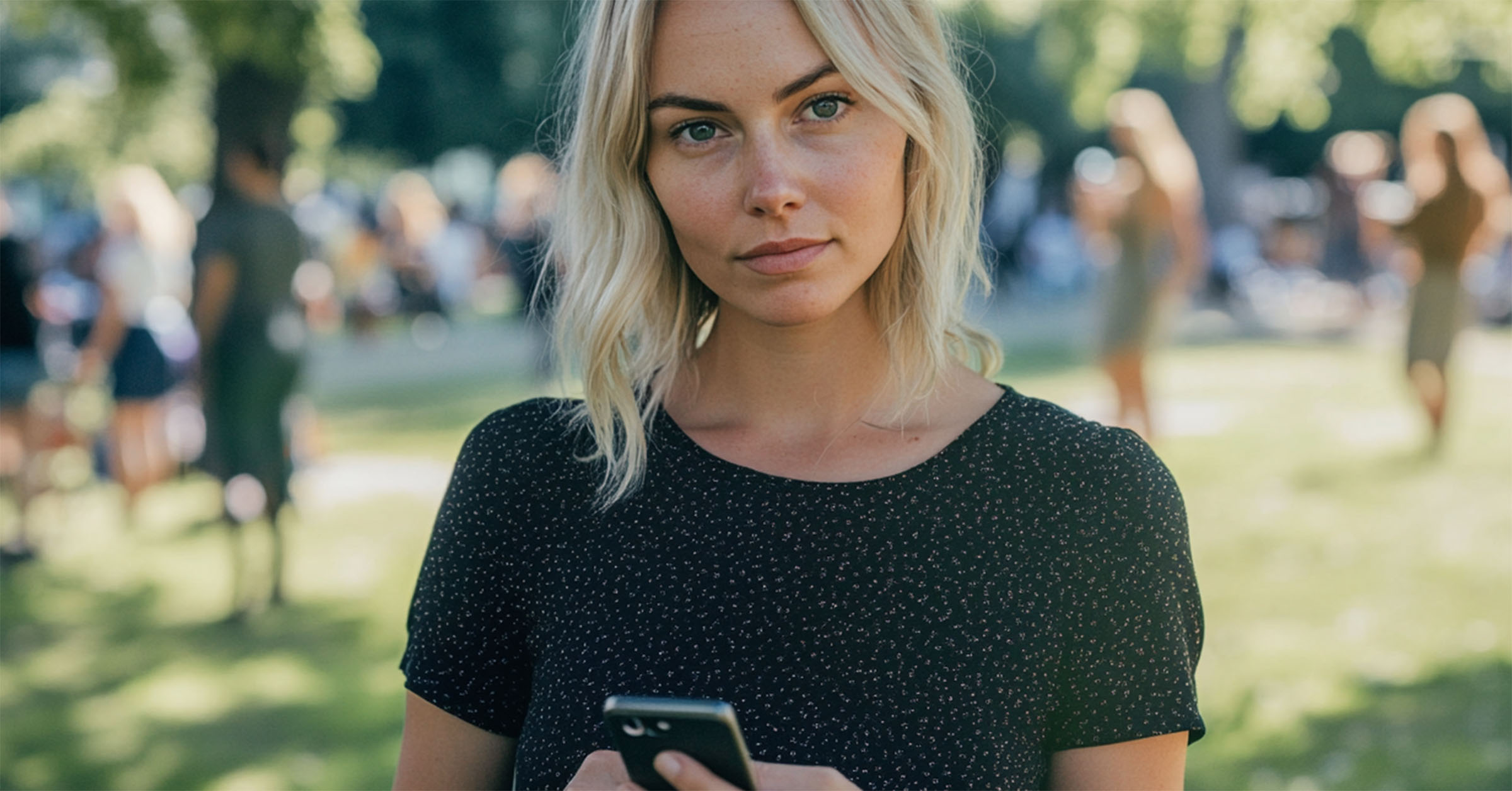 Kvinde står med sin telefon i en park og er nervøs for at hendes date også ser en anden