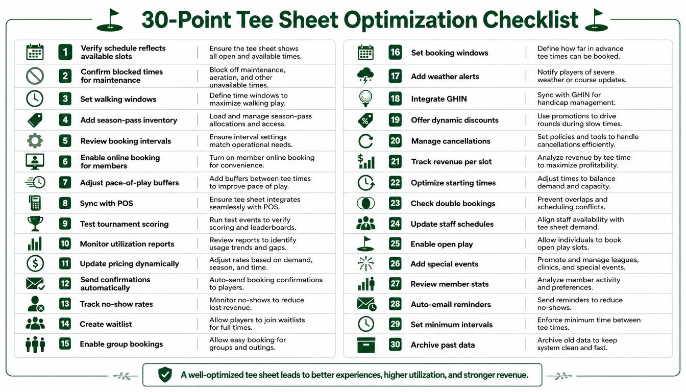 A 30-point optimization checklist for managing golf course tee sheets to improve player experience and revenue.