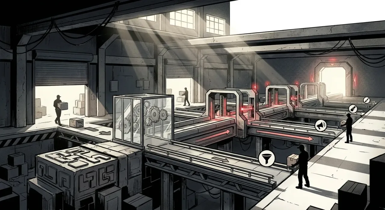 Warehouse with conveyor belts, highlighting RockN' Socials Digital Marketing Agency.