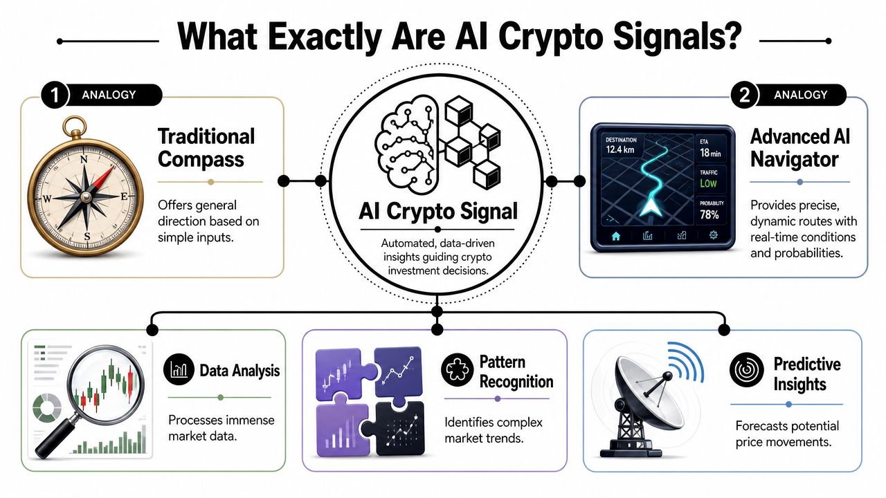 An infographic explaining AI crypto signals as data-driven investment tools compared to compasses and navigators.