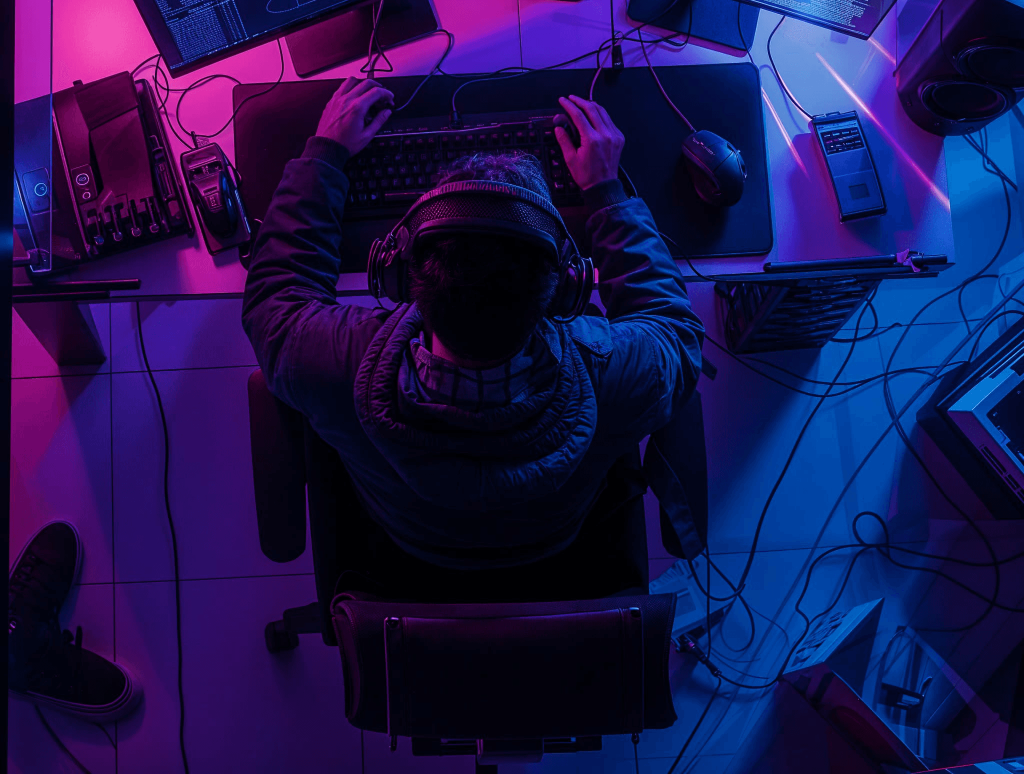 a person wearing an headset sitting infront of a pc