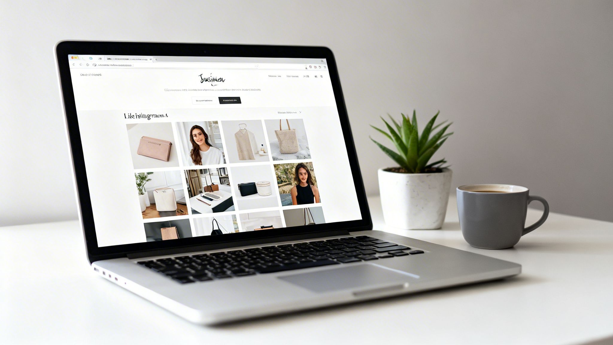 Laptop displaying an image grid website, with a succulent plant and coffee cup on a white desk.