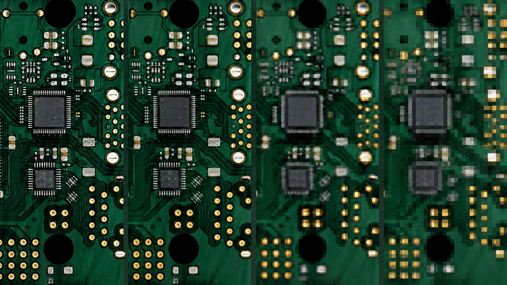 Machine vision PCB image shown at four progressively lower resolutions, demonstrating how reduced camera resolution affects visible detail.