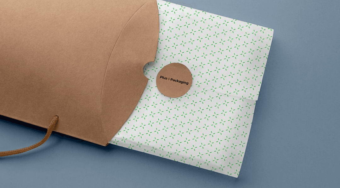 Printed tissue paper coming out of a kraft brown envelope package.