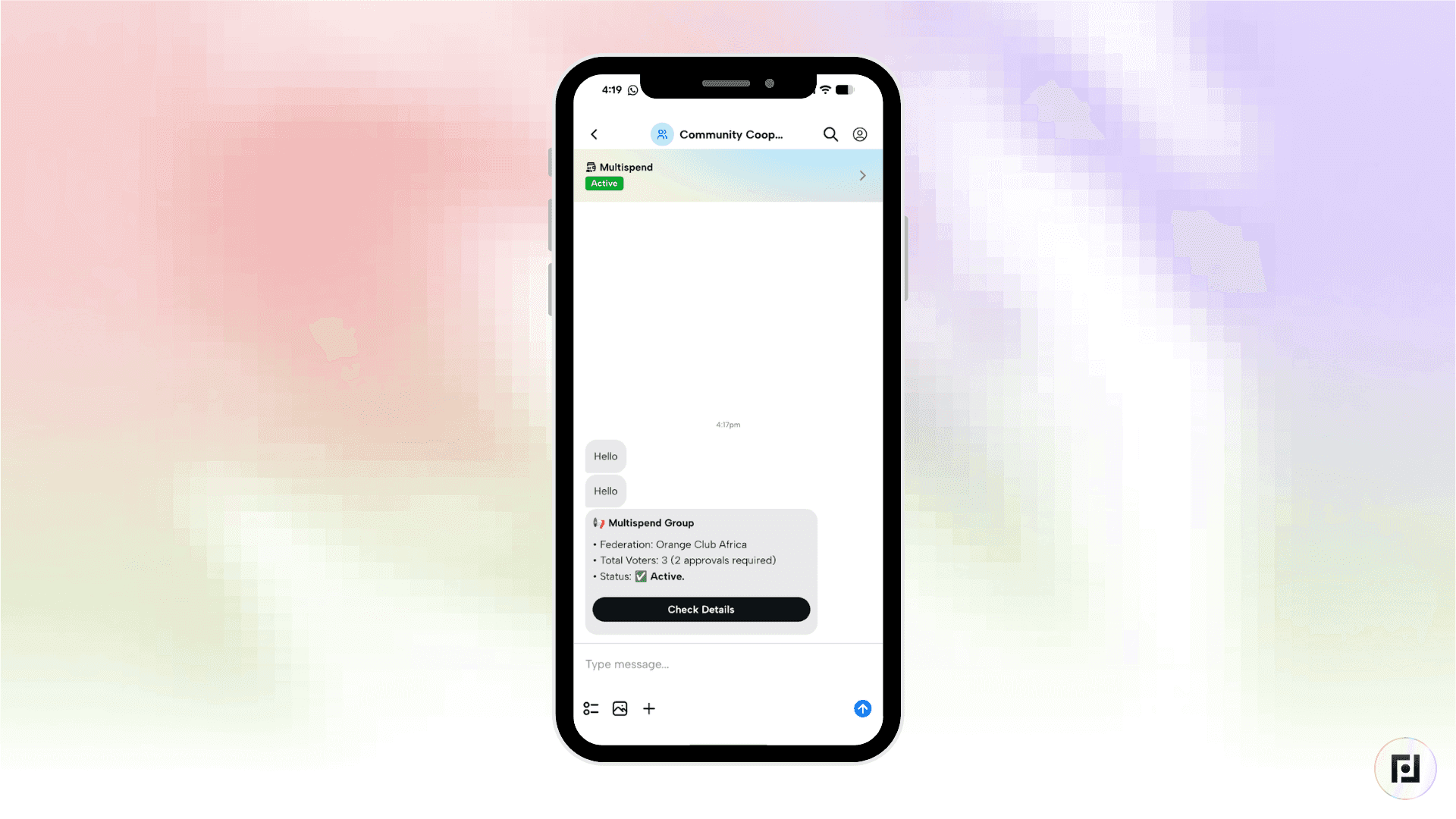 Fedi app group chat showing green Active status bar confirming Multispend is enabled for the Community Cooperative group