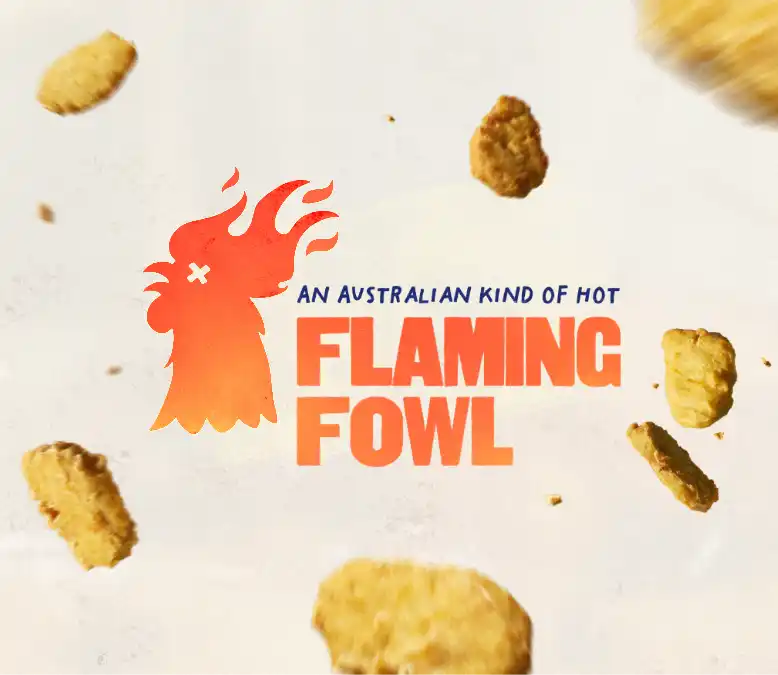 High-impact "Australian Kind of Hot" visual identity for Flaming Fowl, featuring a vibrant orange rooster icon and bold, visceral typography.