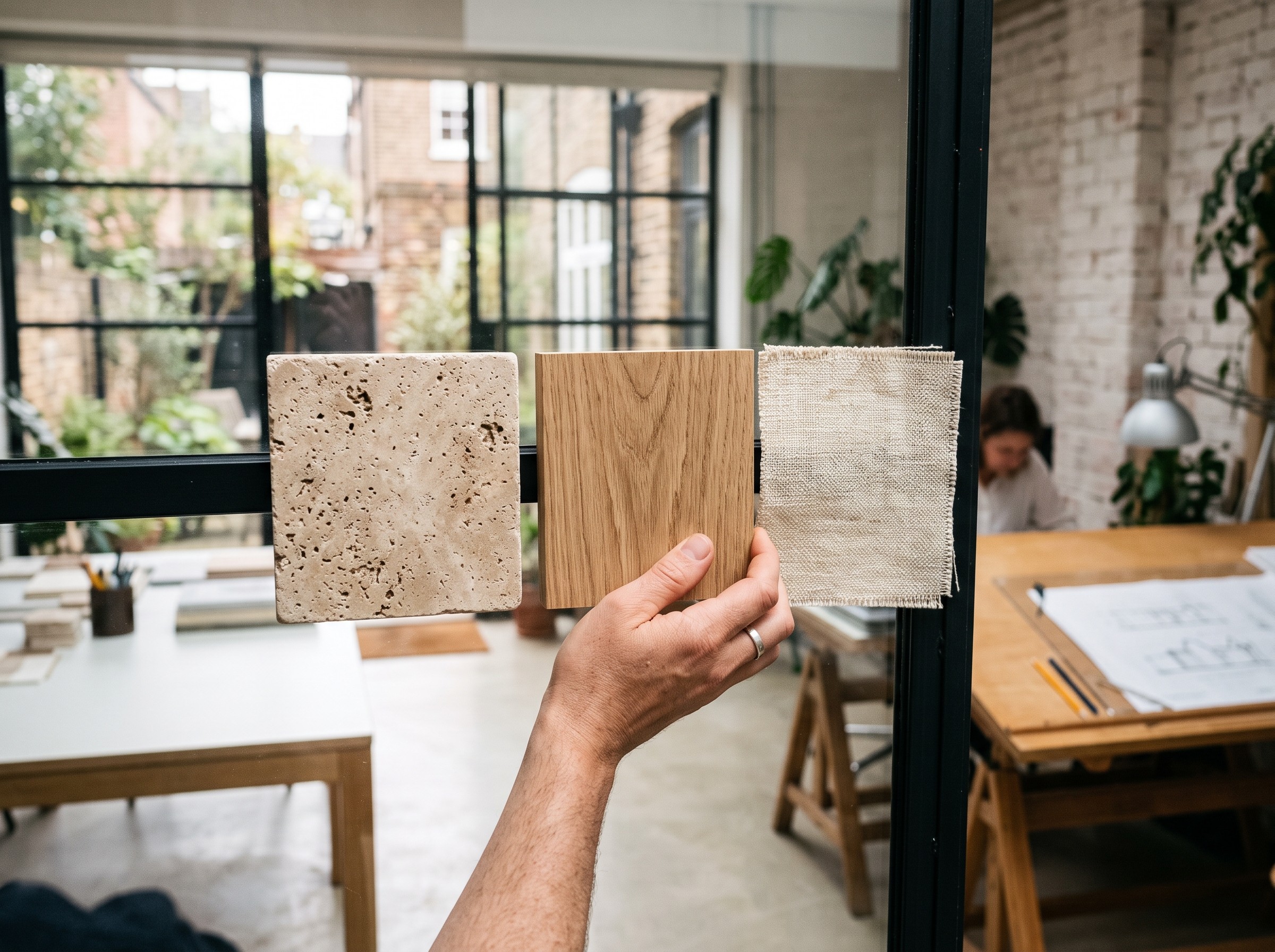 Close shot of several material samples — travertine, oak, linen — held up against a window