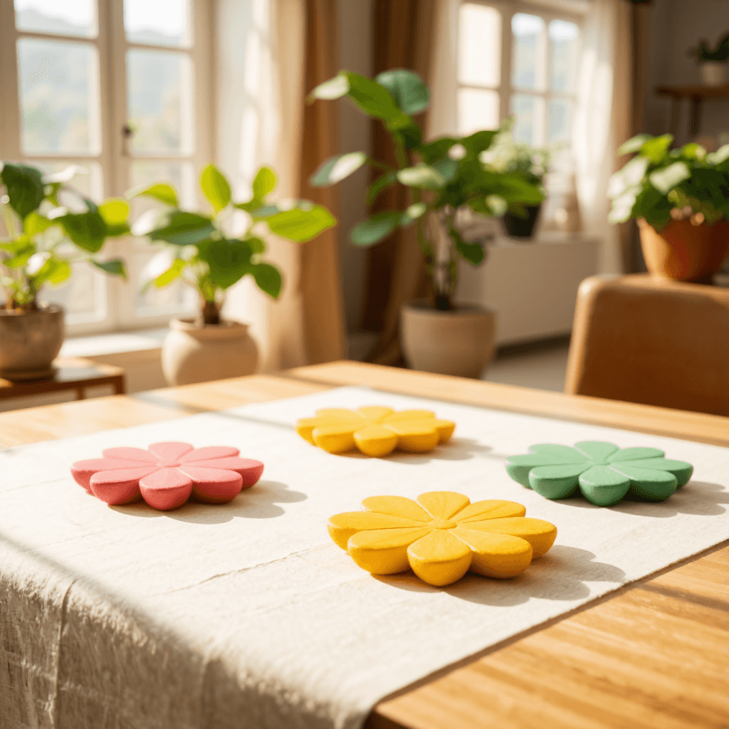 product photography of set of decorative flower-shaped coasters