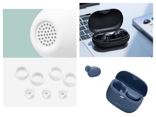 A pair of true wireless earbuds resting in their charging case