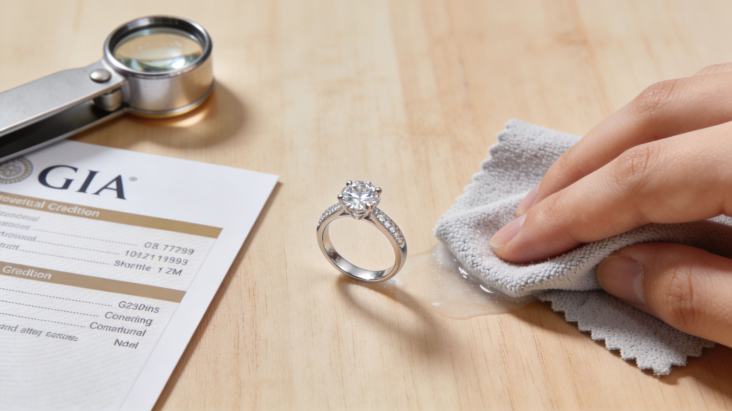 A hand using a grey cleaning cloth to polish a diamond engagement ring next to GIA documentation.