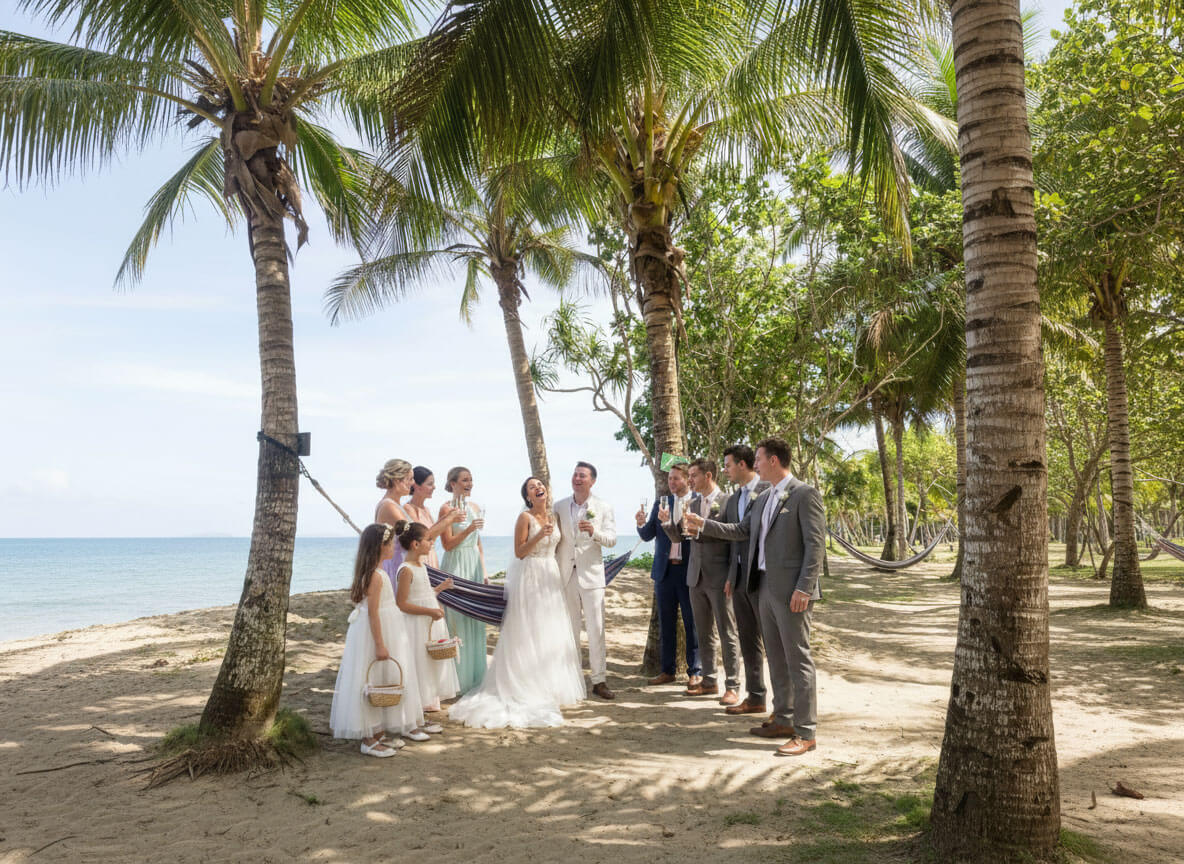 A wedding party toasts on the beachfront under palm trees at Pacific Harbour, Fiji.