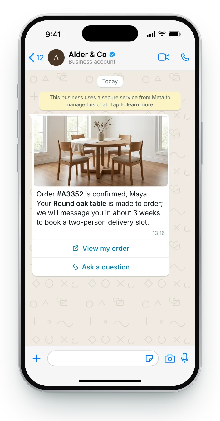 Furniture: what happens next: WhatsApp order confirmation on an iPhone
