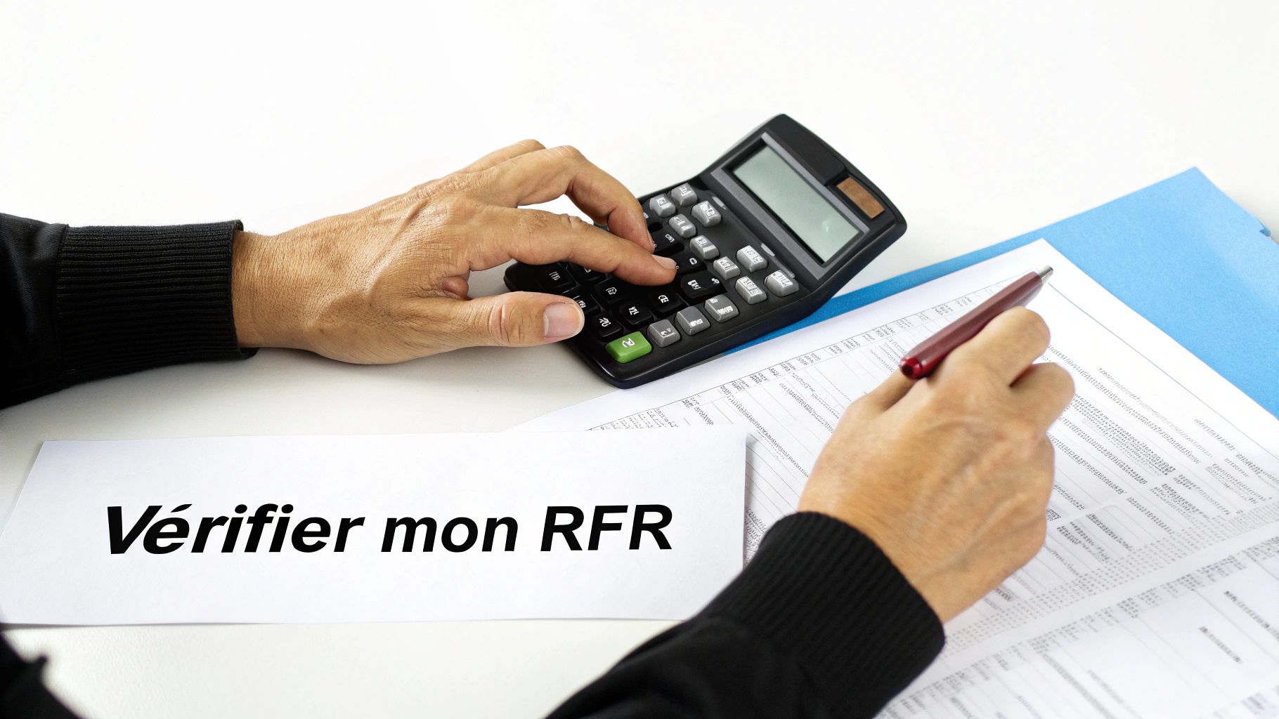 Une personne vérifie des documents financiers et utilise une calculatrice, avec le texte 'Vérifier mon RFR'.