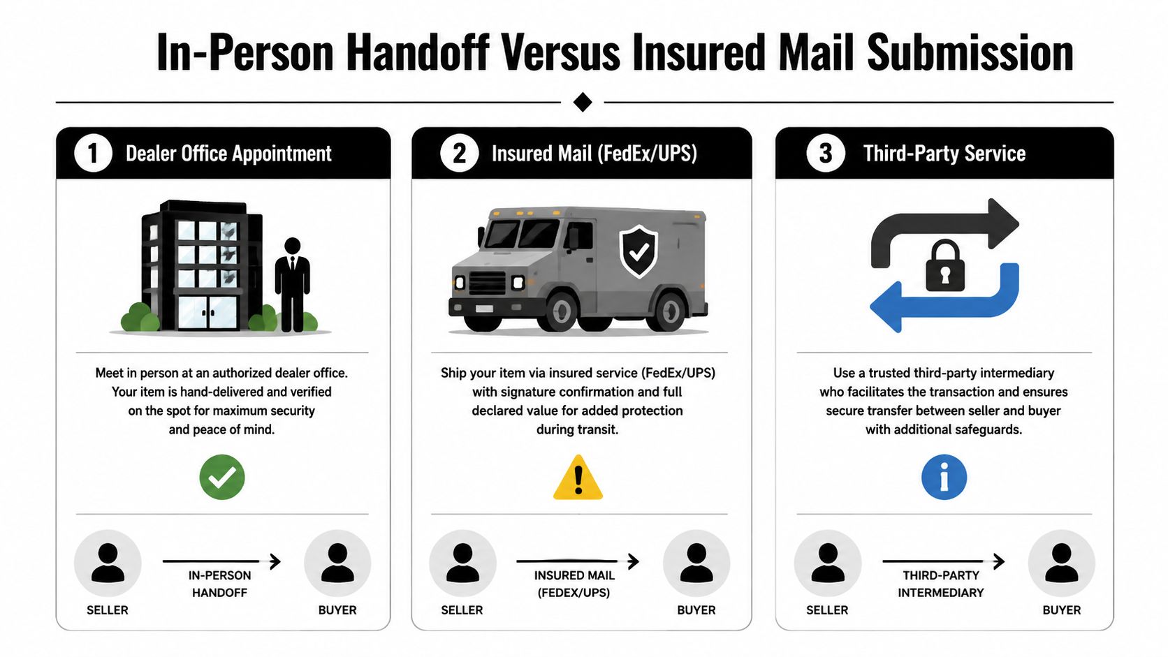 A comparison chart showing three methods for transferring items: in-person handoff, insured mail, and third-party services.