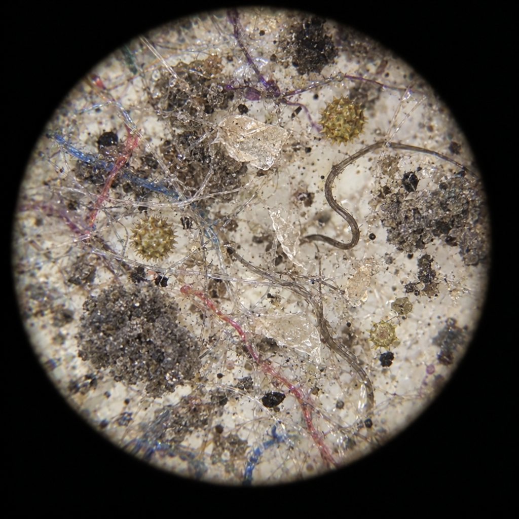 The dust from the used pad seen through the microscope: fibers, pet hair, skin flakes and pollen.