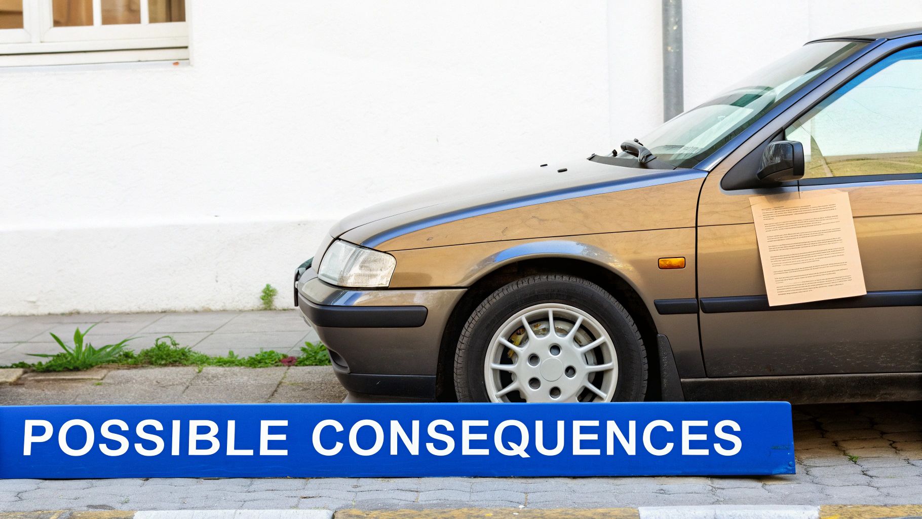 A car with a notice on the window and a blue sign stating 