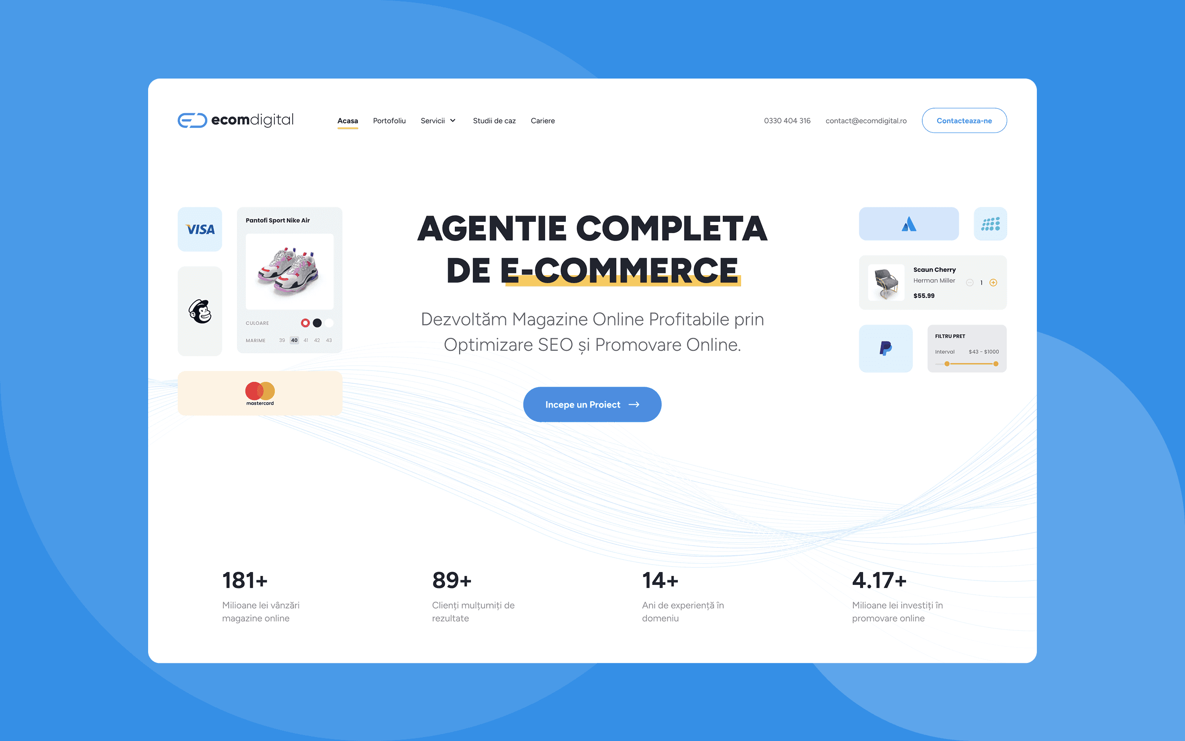 Homepage design for Ecom Digital’s new website, showcasing hero section with modern layout and blue accents.