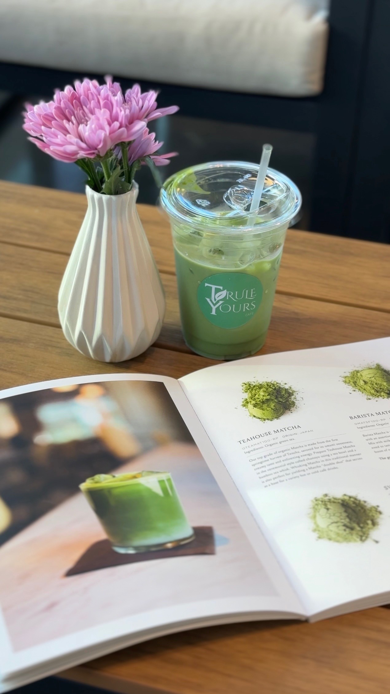 A displaying matcha latte in Trule Yours Cafe in Seattle