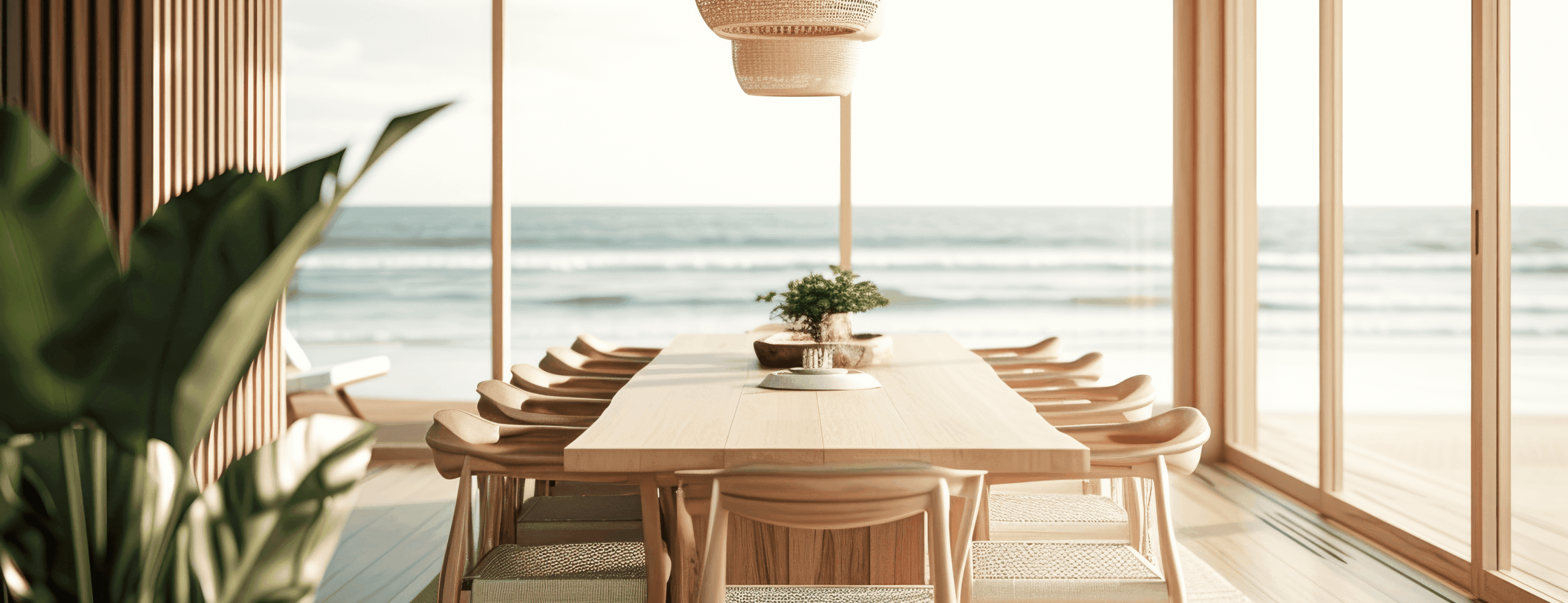 "Bright beachside dining room with wooden furniture and ocean view through glass walls"