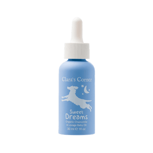 Clara's Corner Sweet Dreams baby oil in a blue VIVOMER dropper bottle with a pipette. It illustrates VIVOMER's compatibility with cosmetic oils and its safety as a non-toxic, BPA-free material.