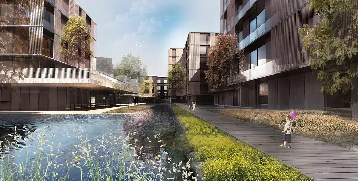 Waterside footpath and housing blocks