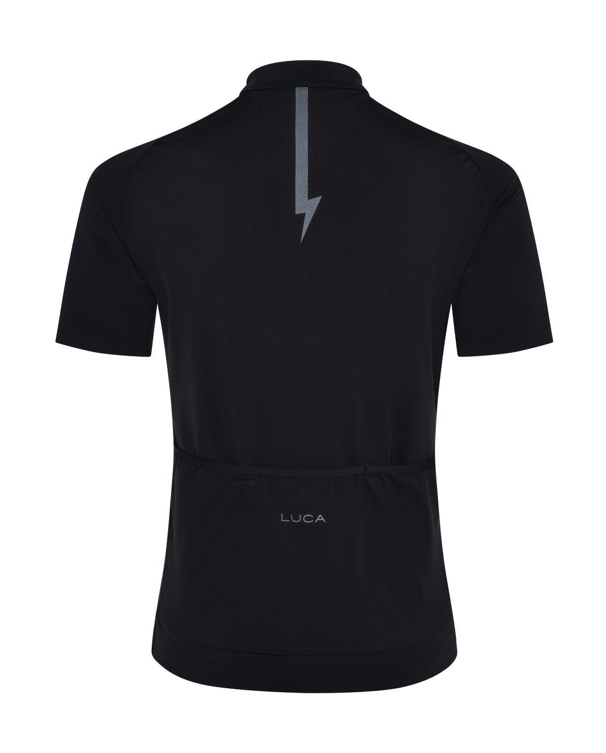 Back-view-of-a-black-cycling-jersey- with-a-subtle-lightning-bolt-detail- running-down-the-upper-center-and-a-small-“LUCA”-logo-on-the-rear- pocket